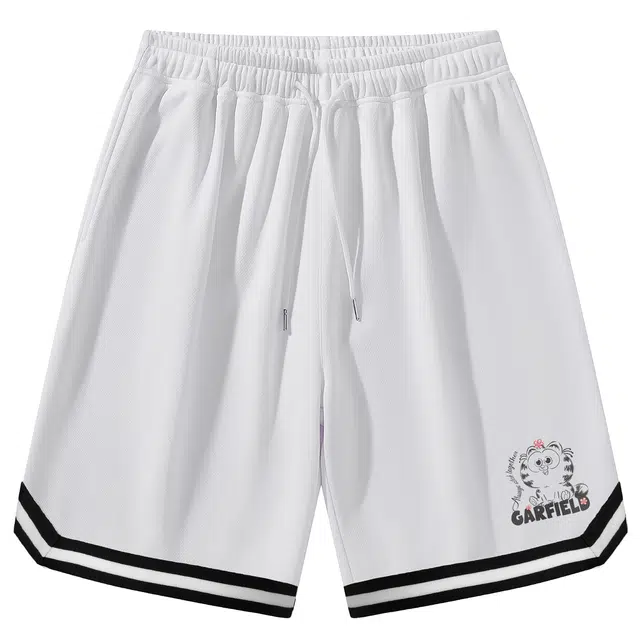 加菲猫家族 美式简约纯色呆萌可爱加菲猫卡通动漫印花条纹宽松舒适五分中腰系带休闲短裤 男女同款
