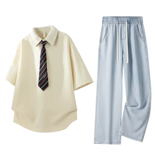 吾皇猫 美式肌理感提花菱形小众设计百搭时尚牛仔裤莱赛尔面料宽松直筒显高舒适休闲运动套装 男女同款