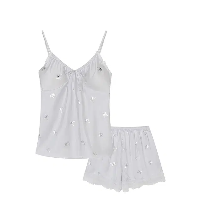 俏韵 无袖三分裤冰丝性感款蝴蝶印花纯欲风家居服可外穿睡衣套装 女款