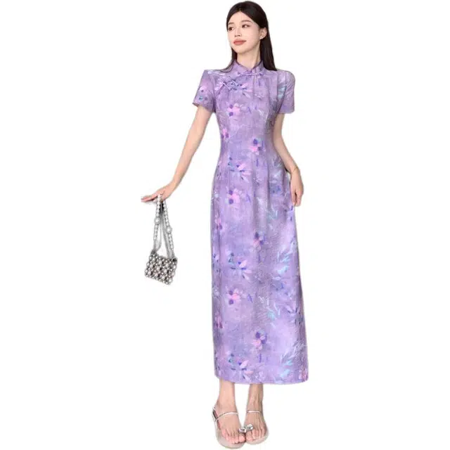 沐晓欣 新中式国风改良版旗袍夏气质收腰显瘦中长款短袖连衣裙 女款