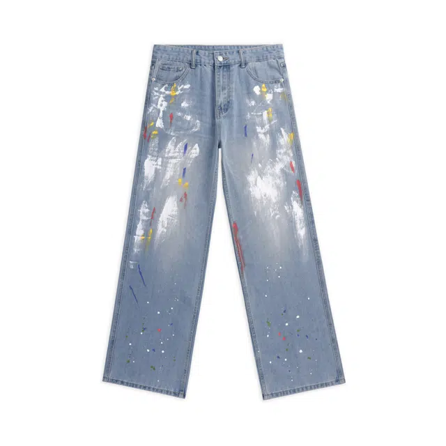 宝米卡 美式涂鸦裤宽松休闲阔腿工装裤设计感直筒拖地裤牛仔裤 男女同款