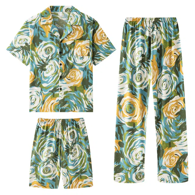 宫蝶 冰丝短袖度假风休闲家居服可外穿复古风大码开衫睡衣套装 男款