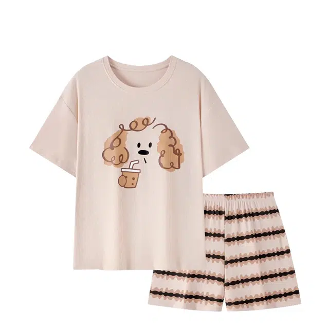俏韵 卡通小狗短袖薄款家居服外穿三分裤夏季睡衣套装 女款