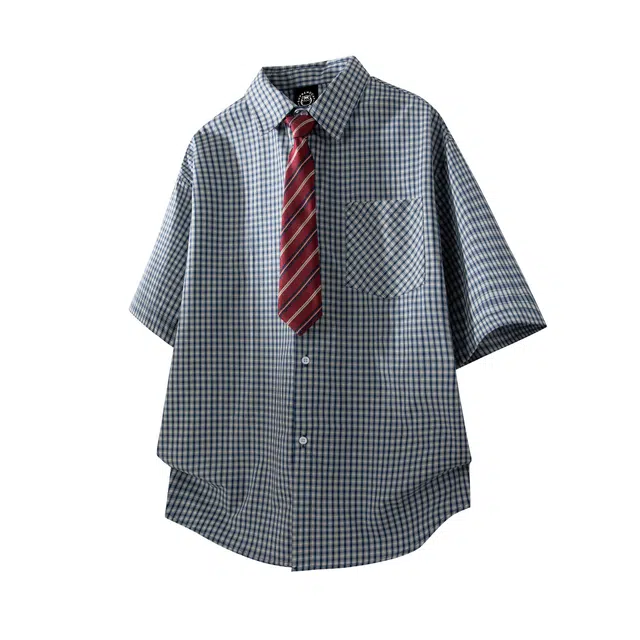 吾皇猫 复古格子纹高级设计潮流百搭翻领薄款透气短袖衬衫 男女同款