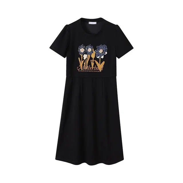 云妃秀 大码女装休闲时尚胖妹妹显瘦宽松百搭韩版遮肉减龄夏短袖连衣裙 女款