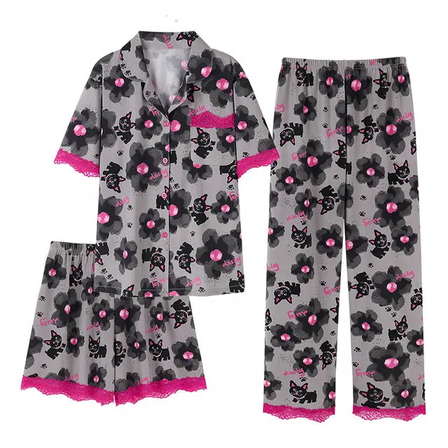 莫代尔 气质时尚百搭宽松显瘦翻领开衫舒适柔软亲肤细腻个性短袖短裤长裤三件套家居服可外穿睡衣套装 女款