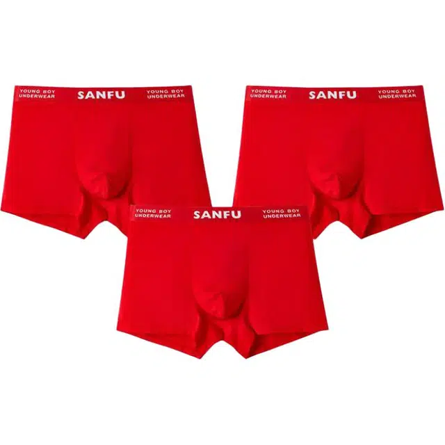三福 大红色抗菌纯棉字母/数字/文字简约平角裤中腰内裤 男款
