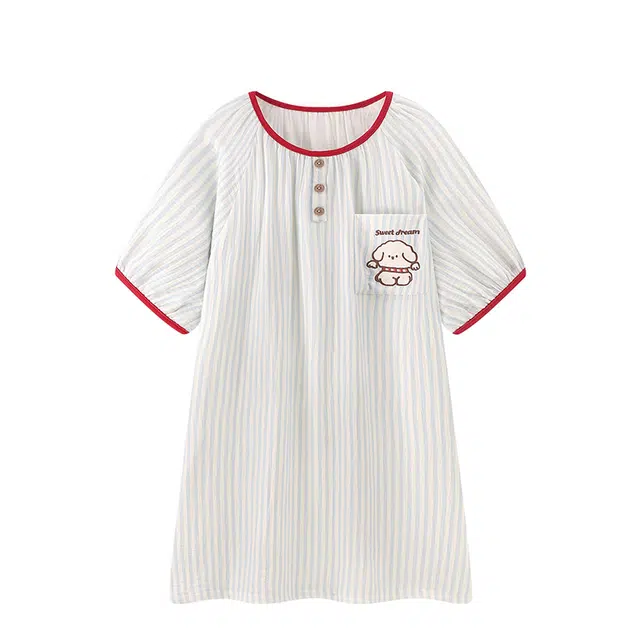 俏韵 圆领纯棉短袖简约开衫薄款家居服可外穿睡裙 女款