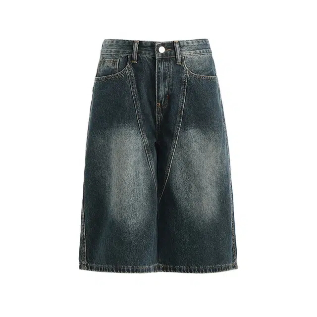 拾籍 美式复古小众设计刺绣弯刀夏季宽松阔腿七分裤时尚百搭牛仔短裤 女款