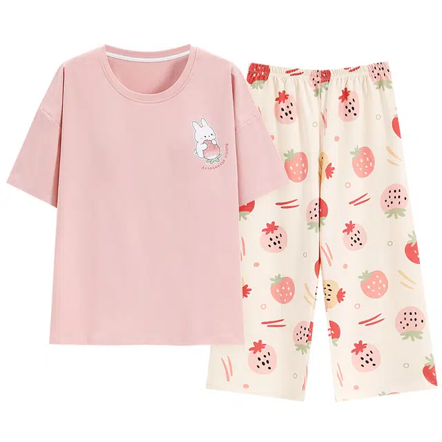 好福份 带胸垫圆领短袖可爱舒适清新家居服睡衣套装 女款