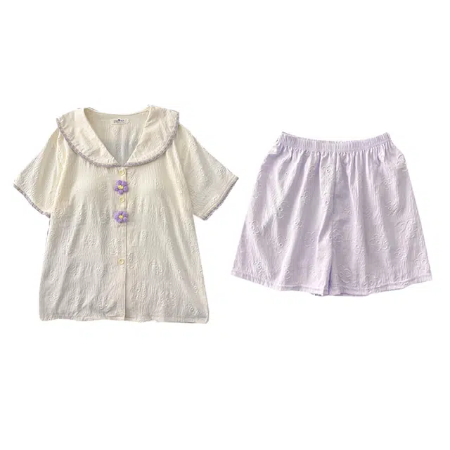 俞兆林 轻奢纯色带胸垫娃娃领舒适短袖休闲家居服睡衣套装 女款