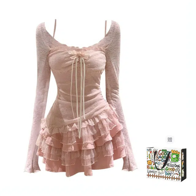 木清清 纯欲风蝴蝶结甜美温柔蕾丝吊带裙装套装 女款