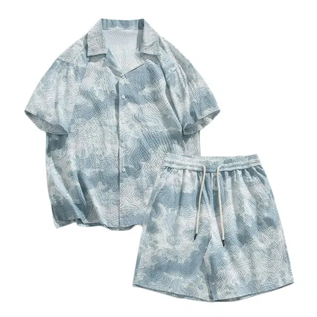 加荣 泡泡纱扎染一整套男夏季薄款透气大码国风搭配冰丝速干短裤衬衣潮流时尚简约百搭休闲宽松短袖衬衫套装 男女同款
