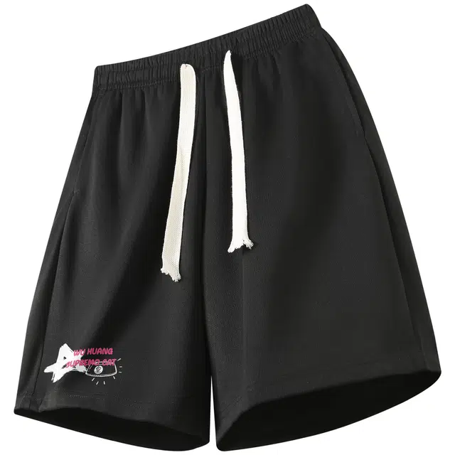 吾皇猫 纯色美式复古学院风基础款简约百搭卡通动漫字母星星中腰系带跑步运动舒适透气宽松无性别穿搭系带五分休闲短裤 男女同款