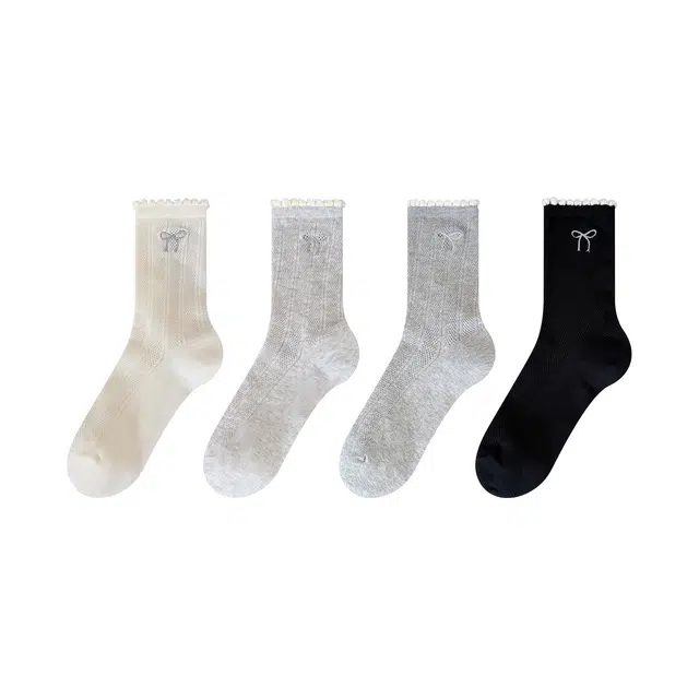 潇潇玲珑阁 蝴蝶结刺绣木耳花边无骨网眼百搭堆堆中筒袜 女款 组合装