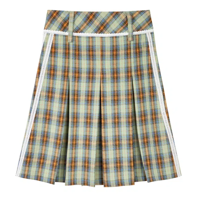 江南先生 美式学院风复古基础款宽松中长款休闲舒适压褶百褶格纹半身裙 男女同款