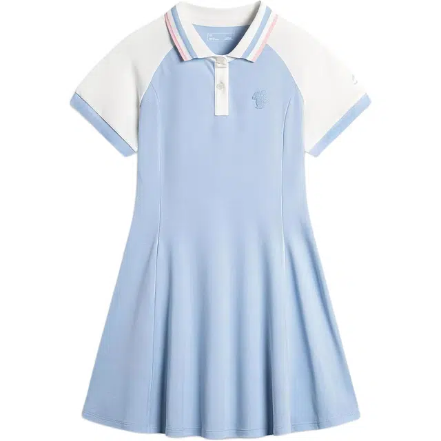 青少年 李宁儿童 运动生活系列 拼色翻领短袖针织儿童连衣裙 儿童款 净空蓝拼白袖