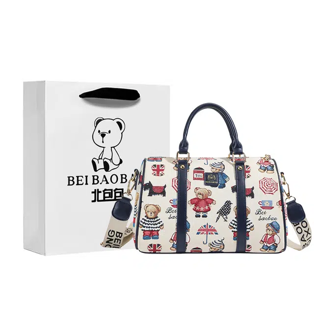 北包包 时尚可爱小熊印花 布 波士顿包单肩斜挎手提包 女款 蓝色/棕色