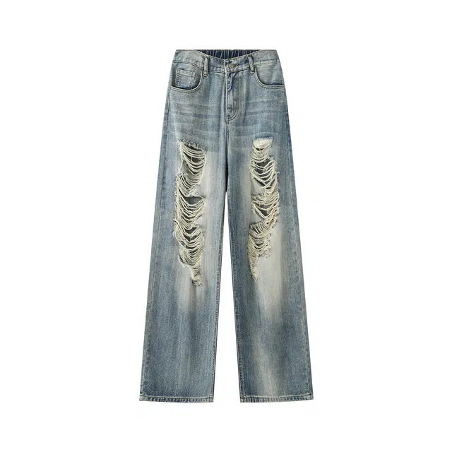 煦加 美式复古高街风潮牌破洞做旧宽松拖地可水洗百搭牛仔裤 男女同款