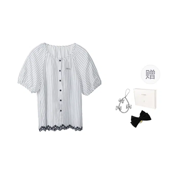法儿家 海浪滤镜夏季韩系温婉风穿搭花边条纹圆领百搭上衣衬衫 女款