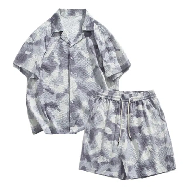 加荣 国风扎染泡泡纱薄款透气青少年大码高级感冰丝潮流短袖时尚简约百搭休闲宽松短裤衬衫套装 男女同款