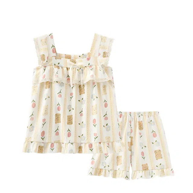 俏韵 吊带无袖带胸垫玩偶熊薄款家居服可外穿睡衣套装 女款