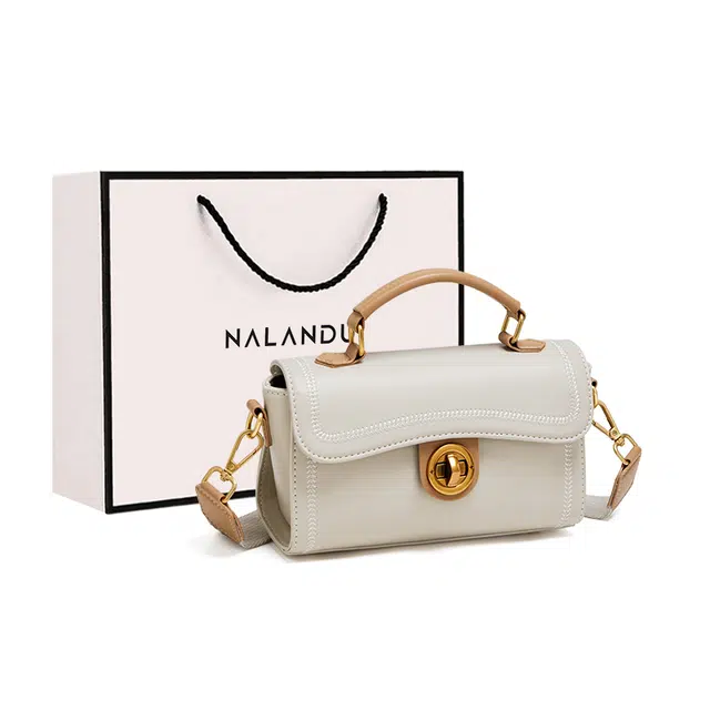 纳兰杜 时尚通勤洋气百搭简约 牛皮拼合成革 单肩手提包 女款 米白拼杏色
