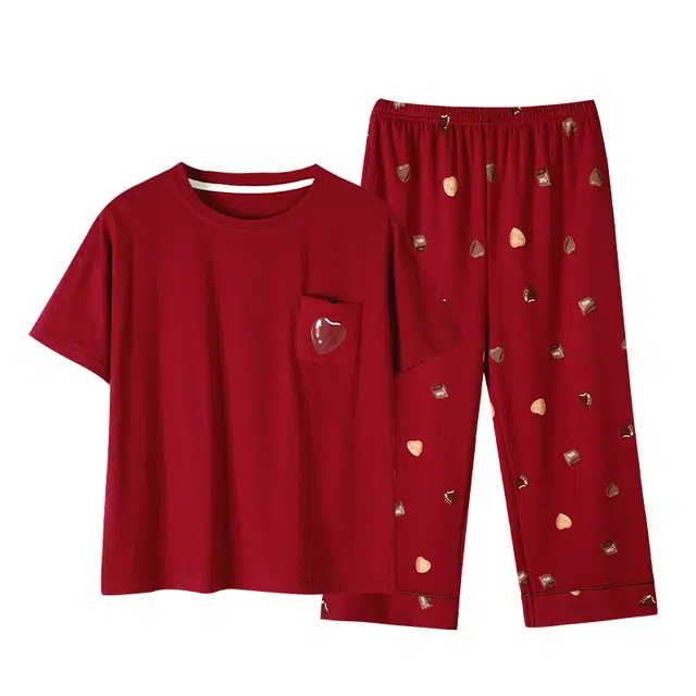 芬腾可安 外出可穿的家居服一体式休闲宽松舒适透气浅色系显瘦微弹时尚带胸垫韩版短袖七分裤两件装春夏季睡衣套装 女款