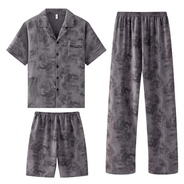 宫蝶 短袖舒适柔肤棉休闲家居服三件套简约可外穿开衫宽松夏季睡衣套装 男款