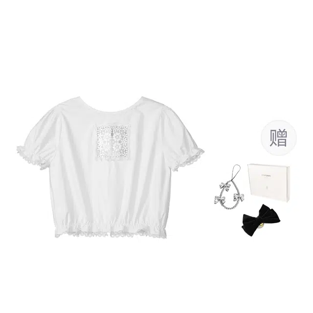 法儿家 花漾少女韩系元气镂空纯棉短袖衬衫 女款