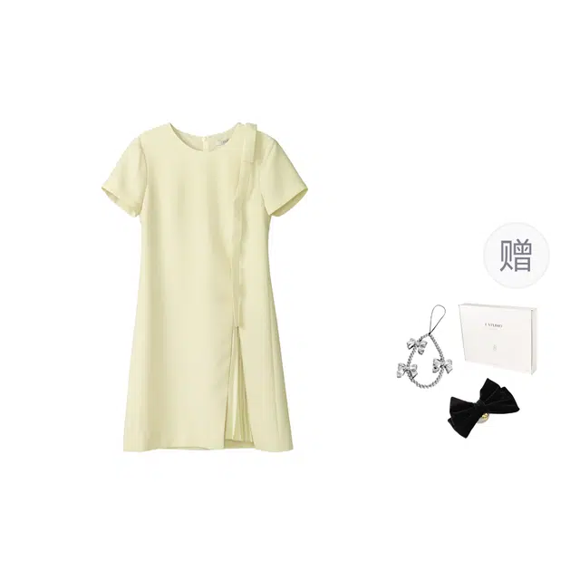 法儿家 淑女品格韩系温婉风穿搭圆领设计感抽褶短袖连衣裙 女款