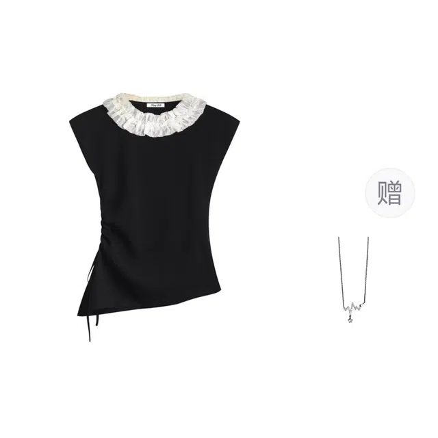 识恩 纯欲风设计感钉珠荷叶边花边领无袖气质小上衣背心 女款