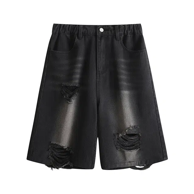 颂希尔 毛边破洞美式复古做旧宽松潮牌高街牛仔短裤 男女同款