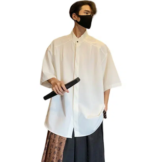 袋鼠 新中式立领复古解构极简宽松通勤休闲百搭时尚清爽透气短袖衬衫 男女同款