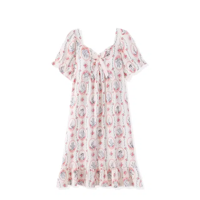 俏韵 方领带胸垫防凸点纯棉短袖中长款家居服可外穿睡裙 女款