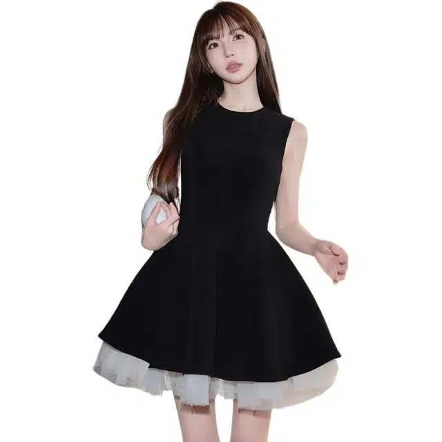 水中花 法式赫本时尚撞色网纱拼接气质收腰蓬蓬芭蕾无袖连衣裙 女款