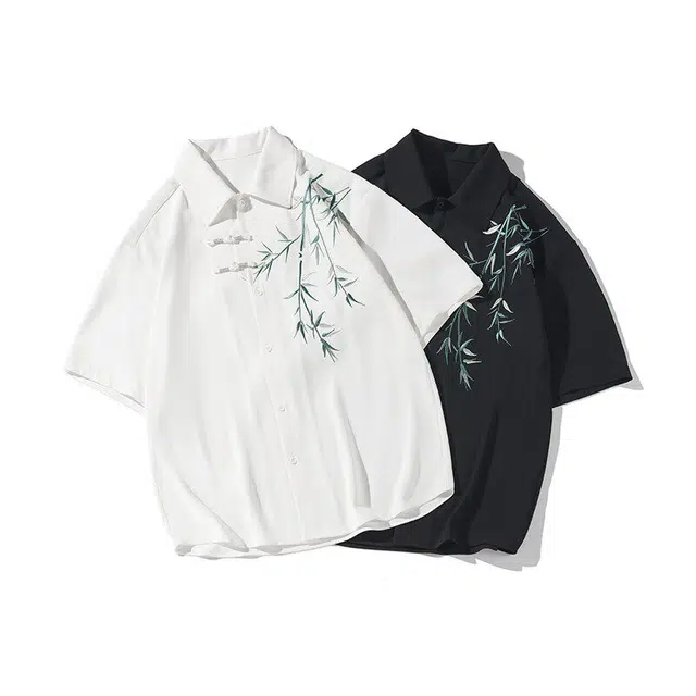 欧路得 新中式竹子刺绣夏季小众国潮设计感时尚休闲短袖衬衫 男款