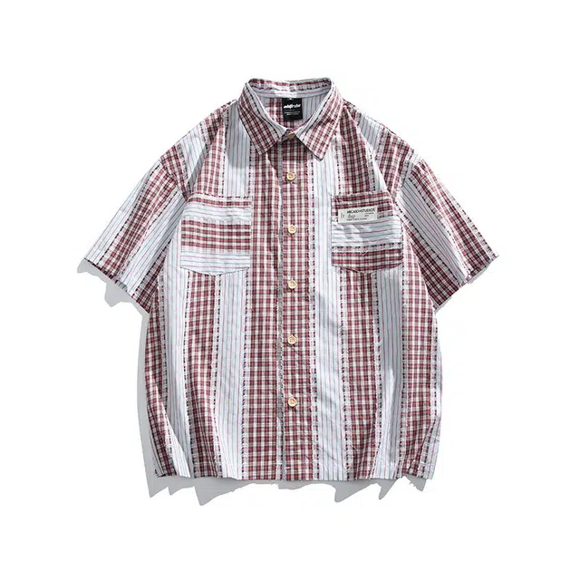 零氏 美式高街痞帅条纹宽松翻领休闲潮牌时尚百搭薄款落肩短袖衬衫 男女同款