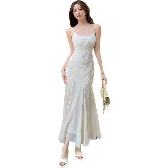 水中花 法式刺绣立体玫瑰轻奢收腰礼服鱼尾裙高级感吊带连衣裙 女款