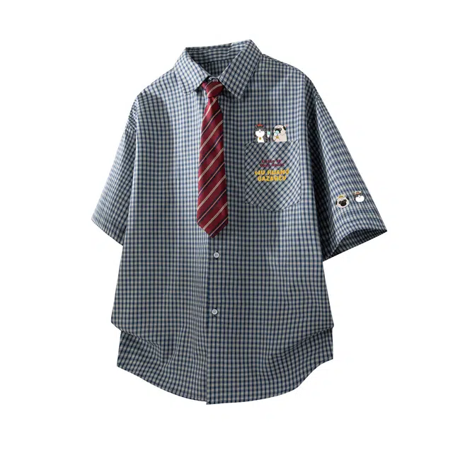 吾皇猫 纯棉高级感格纹撞色小众设计百搭潮流卡通动漫字母印花休闲宽松舒适透气短袖衬衫 男女同款
