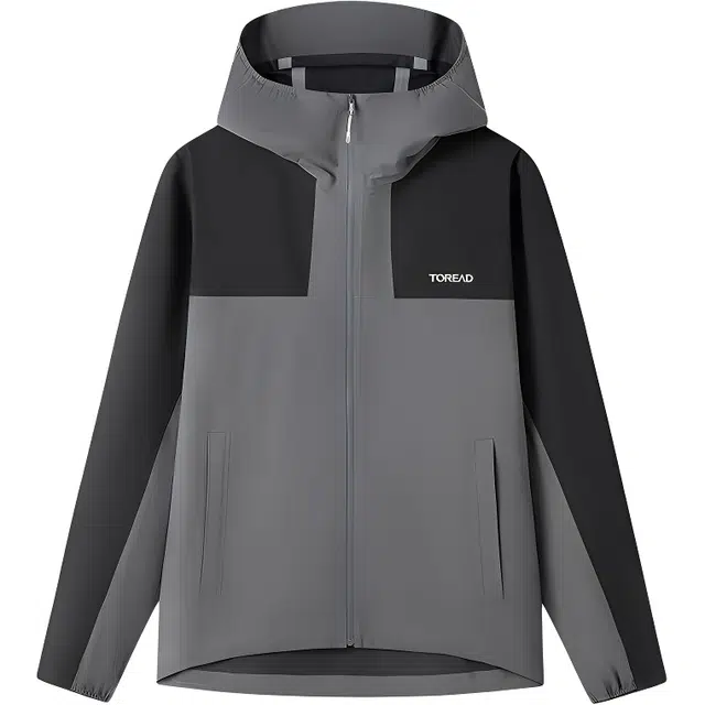 探路者  运动休闲简约字母连帽拼色  防水冲锋衣 男款 炭灰\黑色