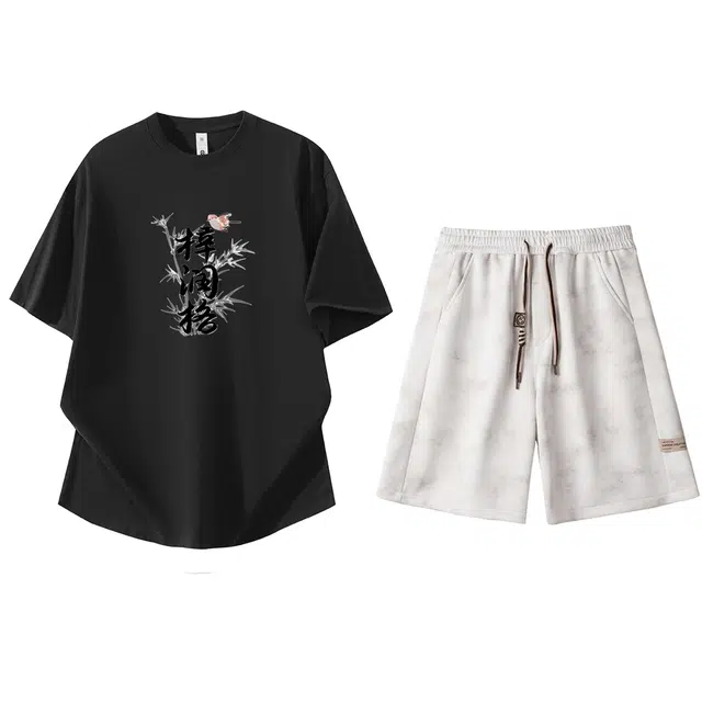 梓润格 夏季爆款美式复古潮流百搭简约宽松舒适高级感设计感氛围感透气少年感无性别主义时尚国潮水墨扎染短袖短裤休闲运动套装 男女同款