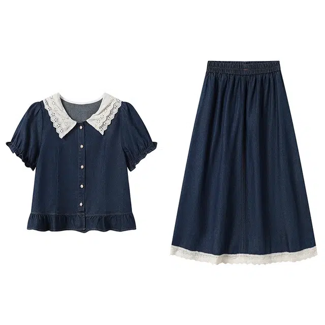 古莲菲 高级感洋气韩版时尚气质显瘦百搭蕾丝拼接牛仔上衣半身裙两件套裙装套装 女款