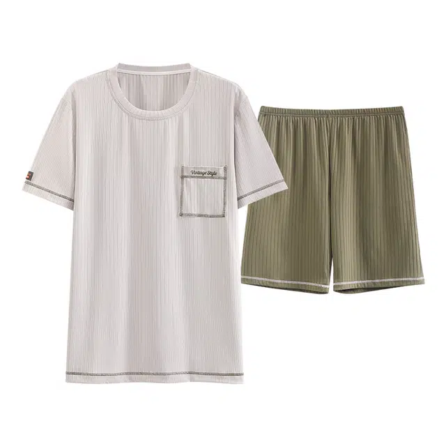 浮光岛屿 简约纯色高级感柔软亲肤圆领短袖睡衣礼盒 男款 米白色