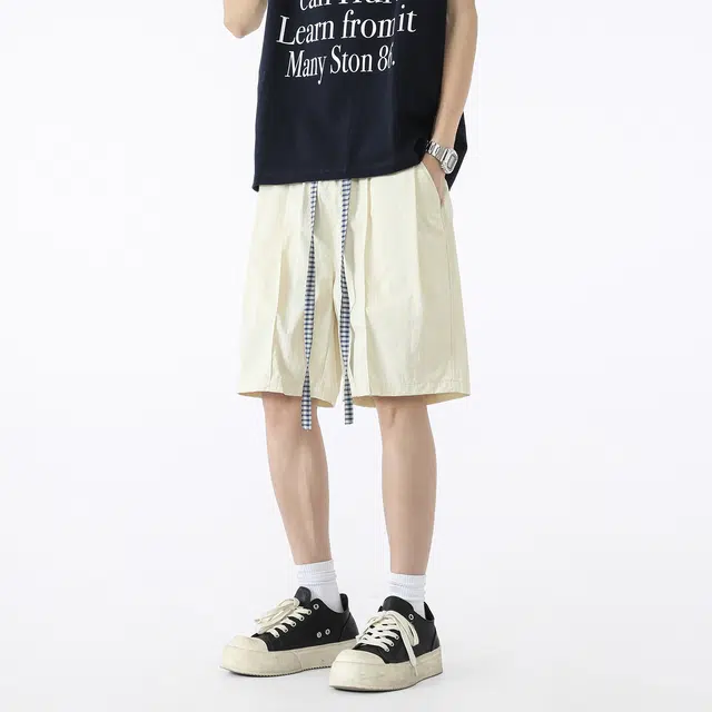 敦煌博物馆 假两件美式简约撞色格子抽绳设计学院风薄款透气运动宽松直筒舒适百搭五分休闲短裤 男女同款