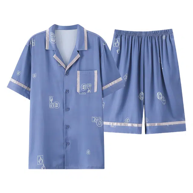 莫代尔 耐磨耐穿舒适时尚百搭翻领开衫宽松简约休闲轻盈透气个性短袖短裤可外穿家居服睡衣套装 男款