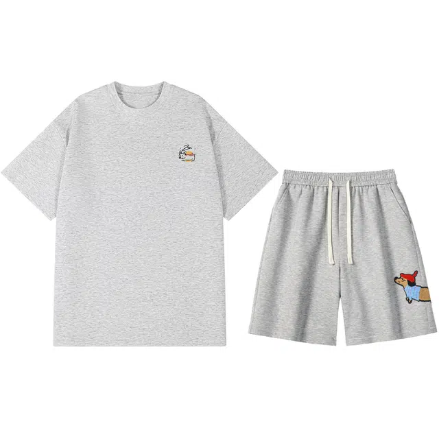 梓润格 微弹不皱设计感氛围感美式复古潮流简约小个子显高版老钱风松弛感趣味小狗印花日常文艺风透气百搭经典短裤休闲运动套装 男女同款