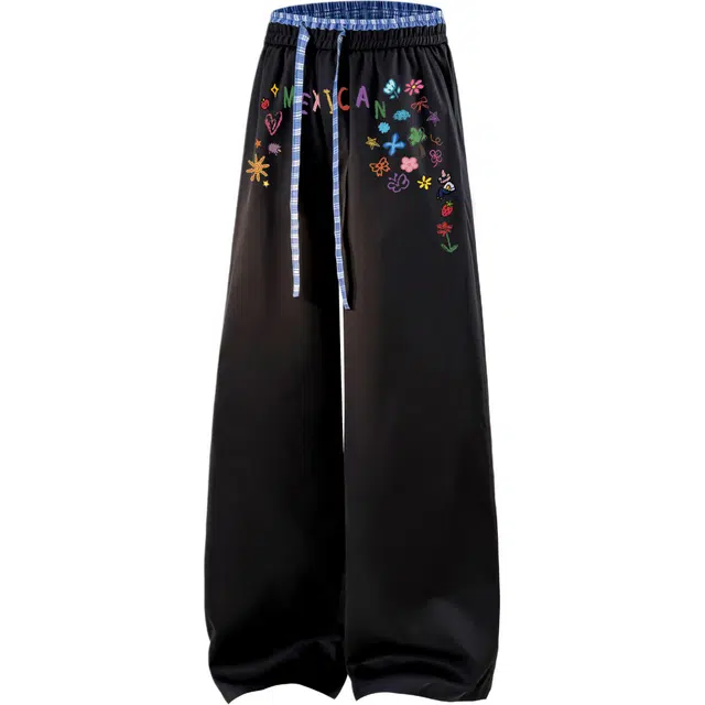 稻草人 美式高街潮牌植物花卉蝴蝶印花图案凉感薄款时尚舒适柔软透气宽松系带直筒休闲裤 男女同款