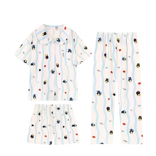 俏韵 翻领可爱企鹅印花三件套家居服可外穿睡衣套装 女款