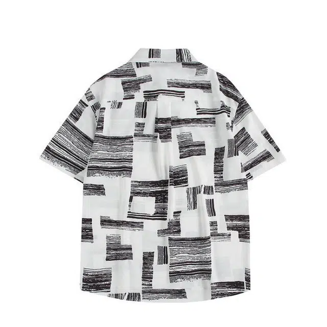 加荣 美式条纹薄款透气日系复古宽松大码休闲潮流痞帅尖领短袖衬衫 男女同款